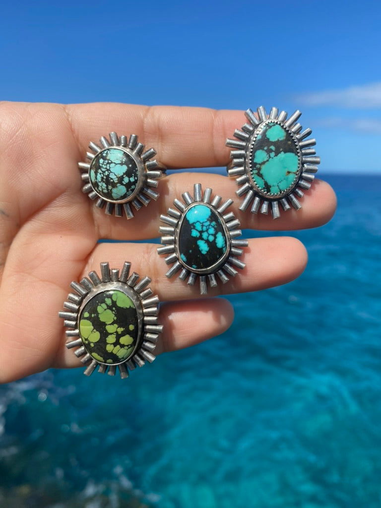 Green Bao Canyon Turquoise Sunburst Ring Size 8.75 Sterling Silver Statement Ring