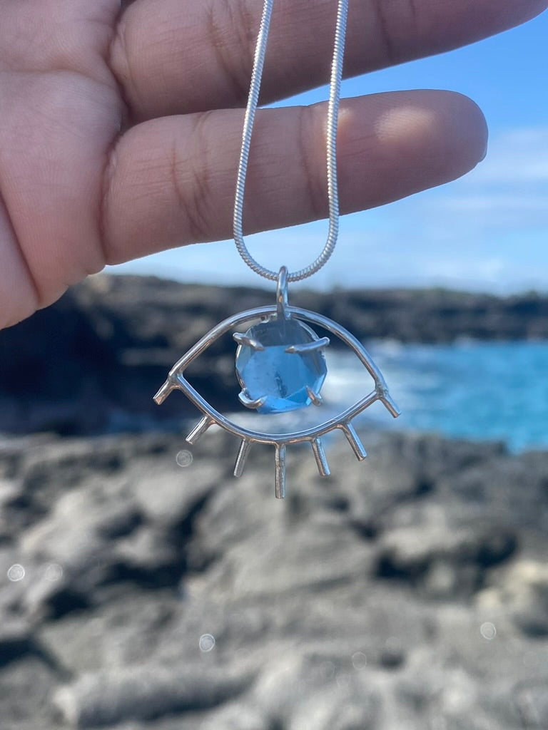 Blue Fluorite Third Eye Prong Set Necklace Pendant