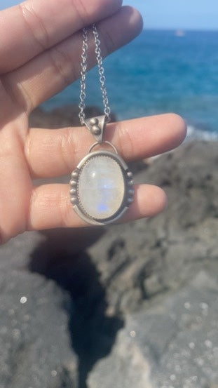 Sterling Silver Oval Rainbow Moonstone Necklace with Silver Accents