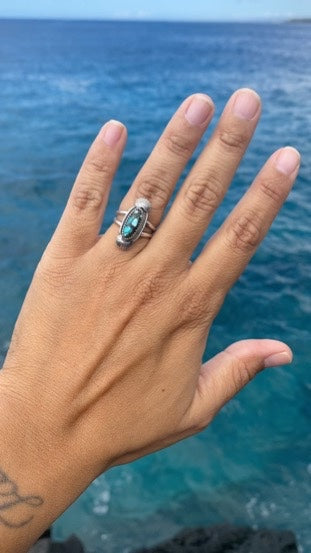 Hubei Turquoise Sterling Silver Ring Size 5.75 - Black and Blue Oval Turquoise Ring with silver accents