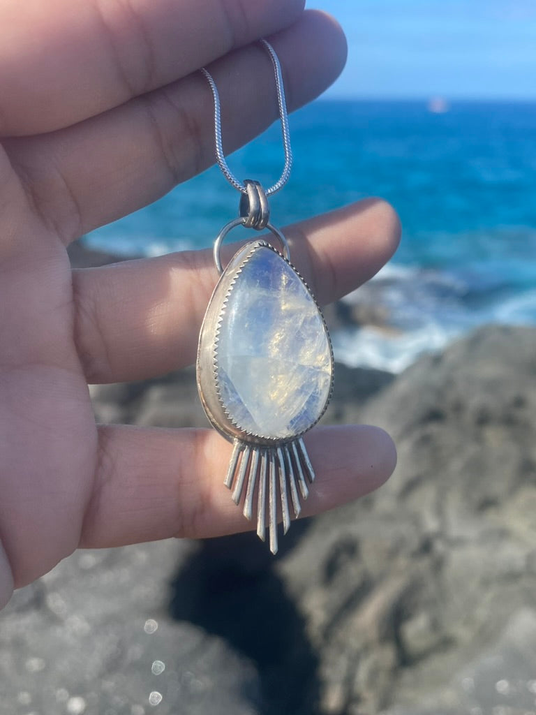 Large Fringe Moonstone Pendant - Teardrop Rainbow Moonstone Necklace