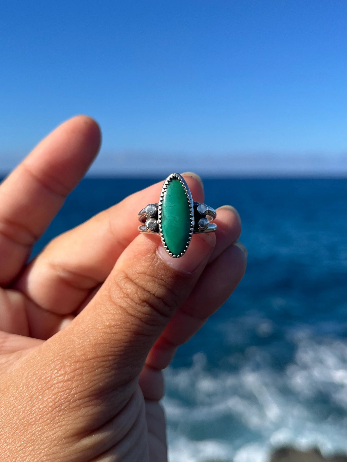 Hubei Turquoise Sterling Silver Ring Size 7 - Green Turquoise Marquise Shaped Ring with silver accents and double band