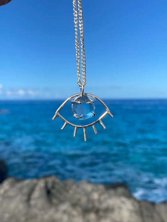 Blue Fluorite Third Eye Prong Set Necklace Pendant