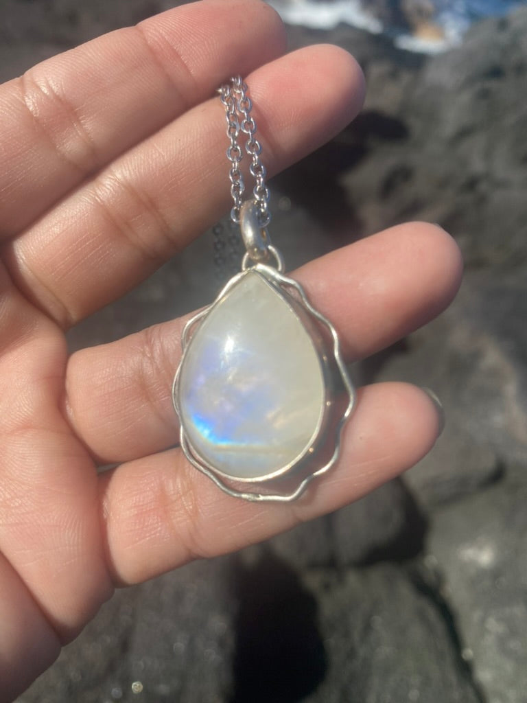 Wavy Teardrop Rainbow Moonstone Pendant Necklace - Lovestoned Hawaii