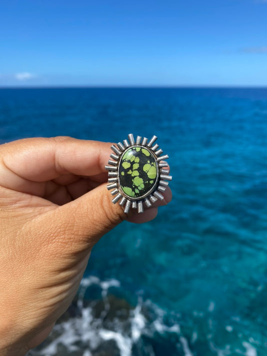 Green Bao Canyon Turquoise Sunburst Ring Size 8.75 Sterling Silver Statement Ring