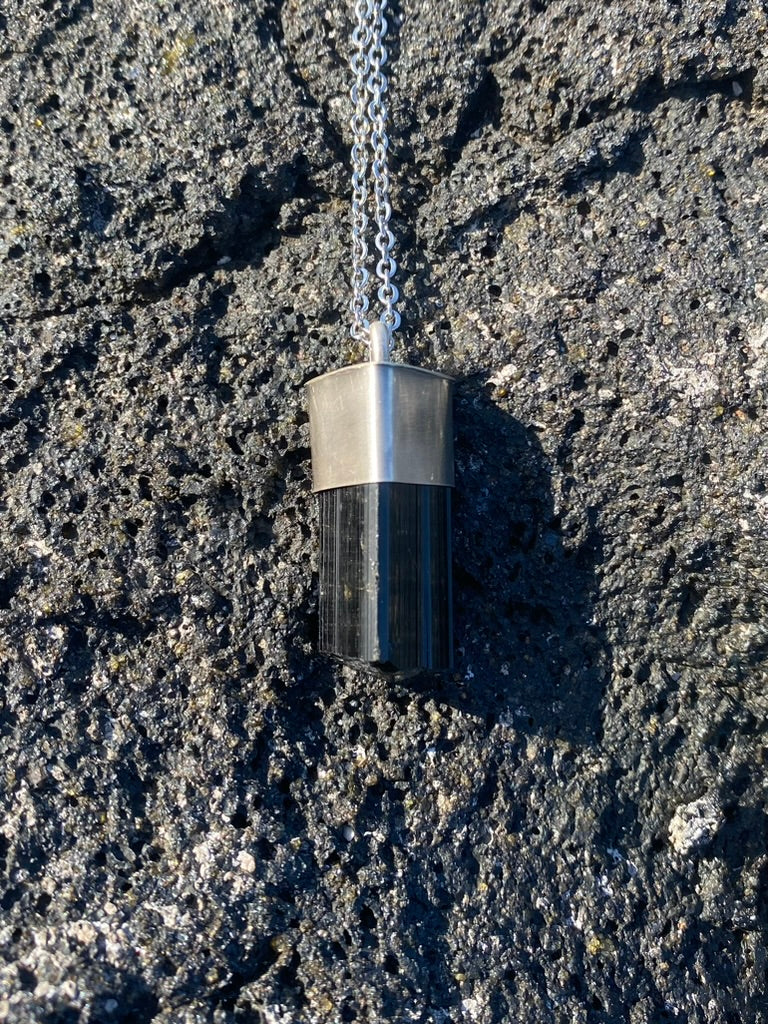 Raw Black Tourmaline Crystal Necklace Grounding Pendant Pendulum