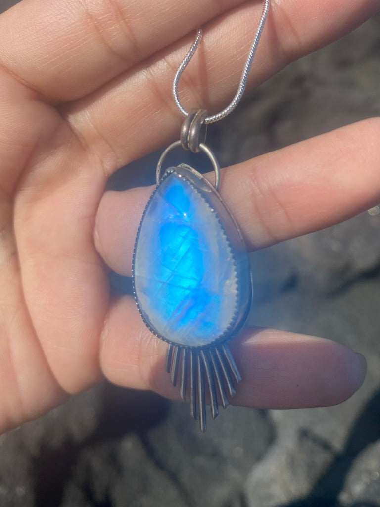 Large Fringe Moonstone Pendant - Teardrop Rainbow Moonstone Necklace