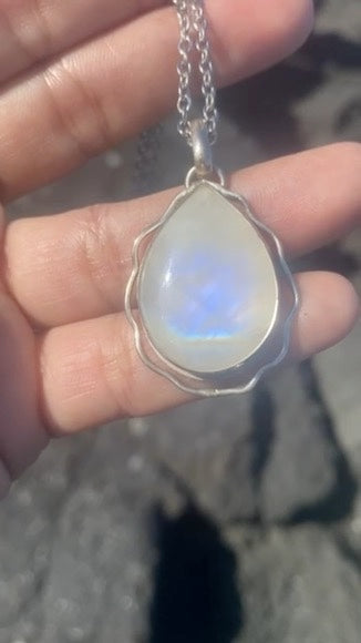 Wavy Teardrop Rainbow Moonstone Pendant Necklace - Lovestoned Hawaii