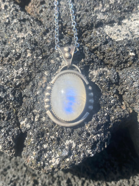 Sterling Silver Oval Rainbow Moonstone Necklace with Silver Accents