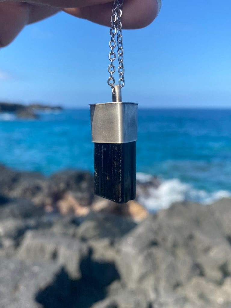 Raw Black Tourmaline Crystal Necklace Grounding Pendant Pendulum