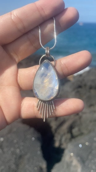 Large Fringe Moonstone Pendant - Teardrop Rainbow Moonstone Necklace