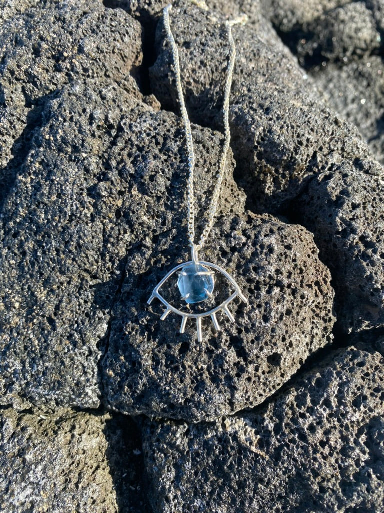 Blue Fluorite Third Eye Prong Set Necklace Pendant