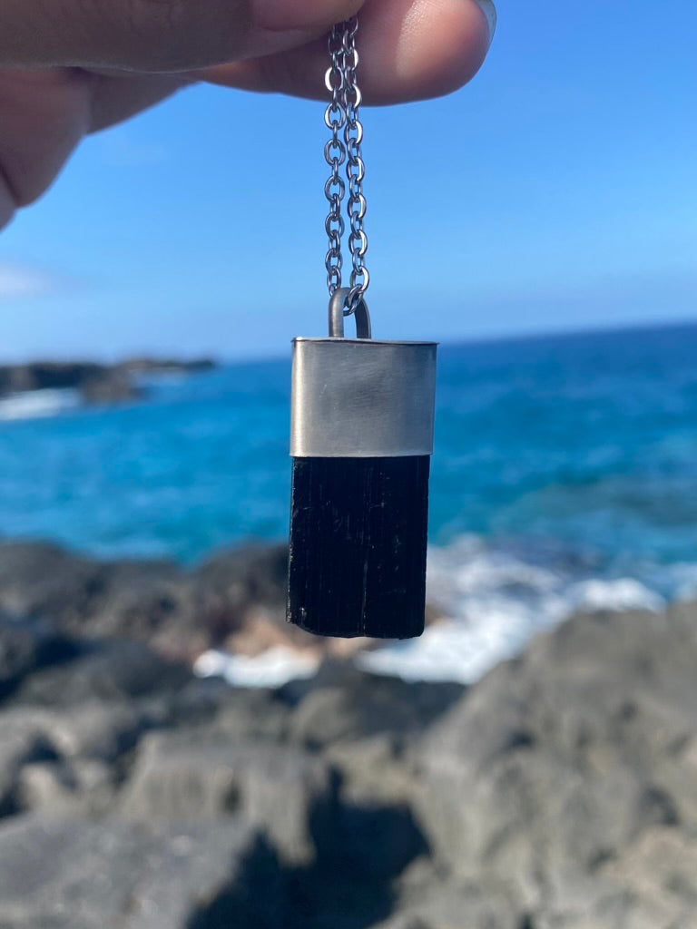 Raw Black Tourmaline Crystal Necklace Grounding Pendant Pendulum