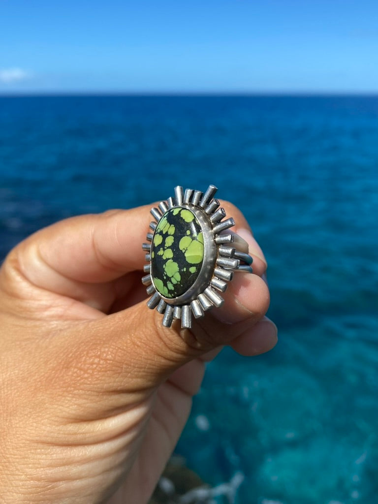 Green Bao Canyon Turquoise Sunburst Ring Size 8.75 Sterling Silver Statement Ring