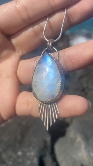Large Fringe Moonstone Pendant - Teardrop Rainbow Moonstone Necklace