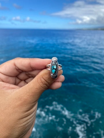 Hubei Turquoise Sterling Silver Ring Size 5.75 - Black and Blue Oval Turquoise Ring with silver accents