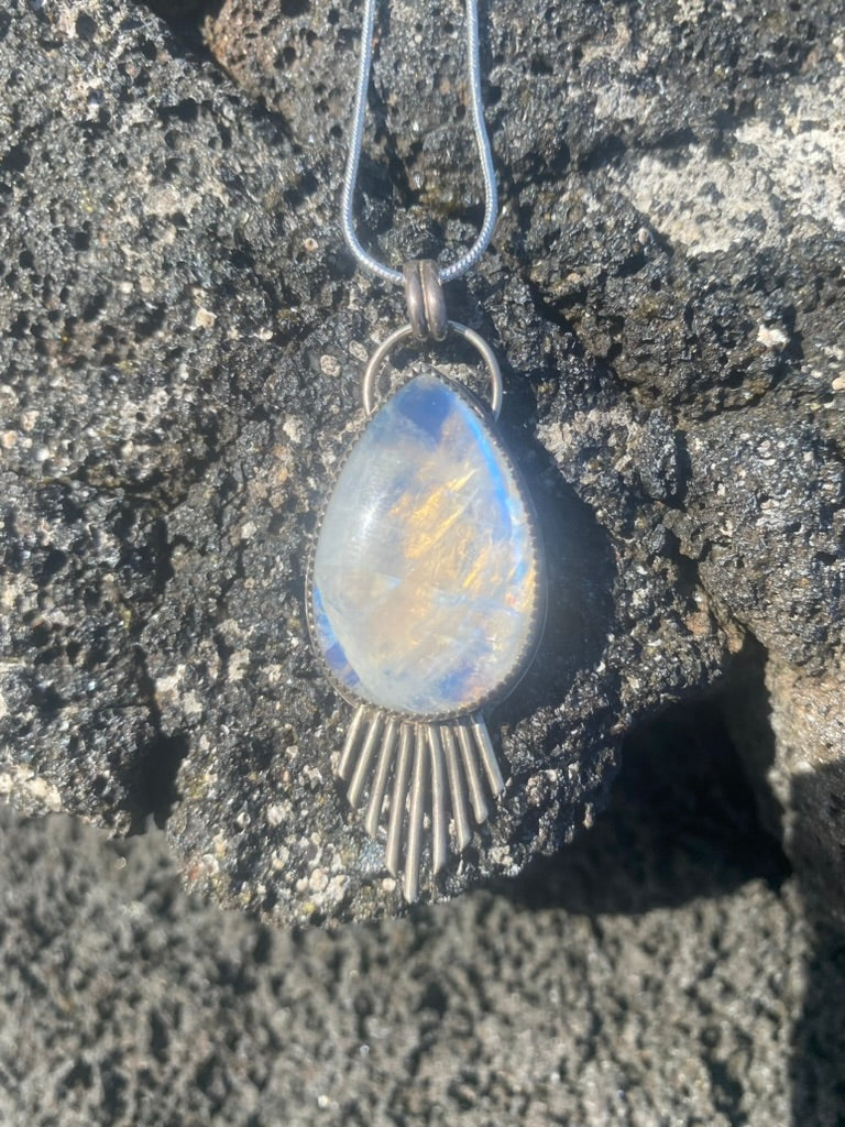 Large Fringe Moonstone Pendant - Teardrop Rainbow Moonstone Necklace