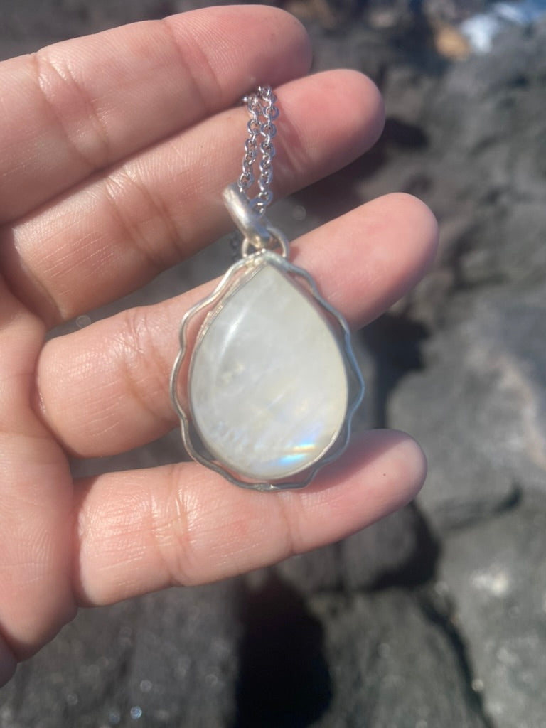 Wavy Teardrop Rainbow Moonstone Pendant Necklace - Lovestoned Hawaii