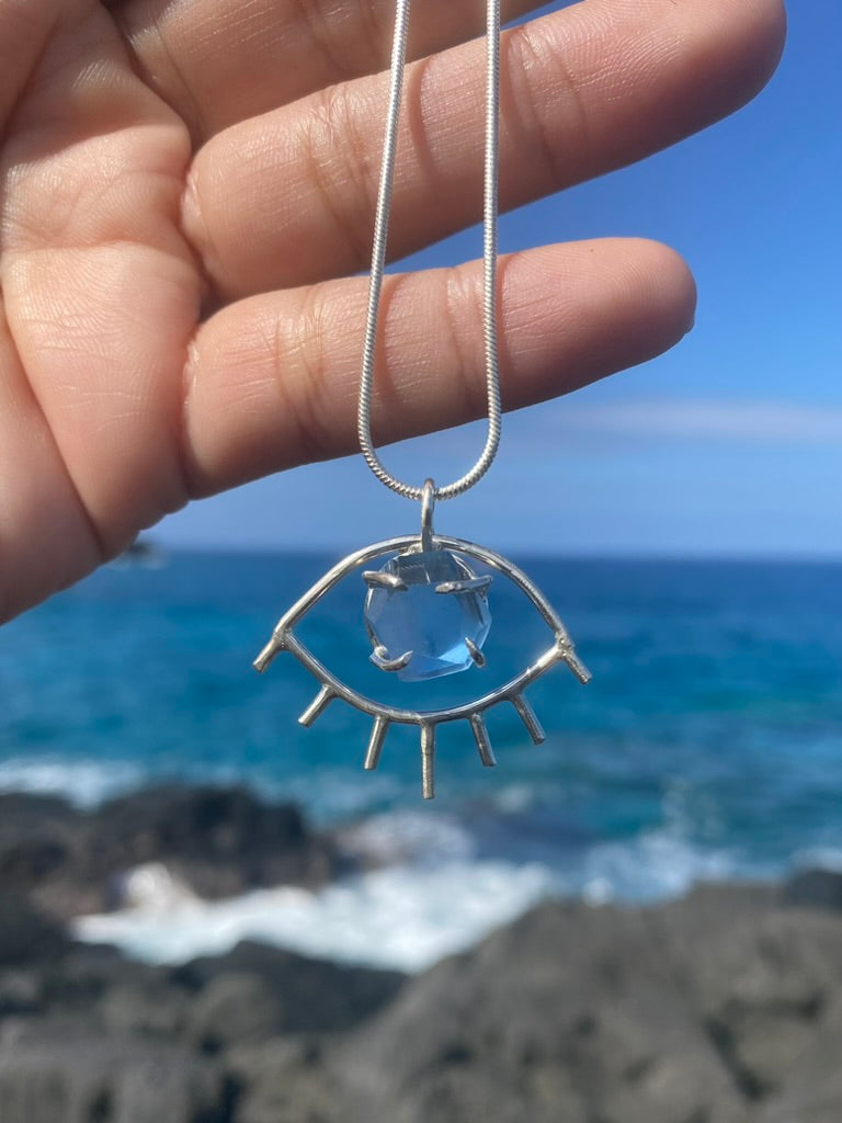 Blue Fluorite Third Eye Prong Set Necklace Pendant