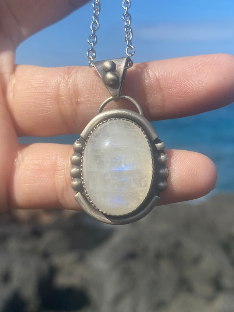 Sterling Silver Oval Rainbow Moonstone Necklace with Silver Accents