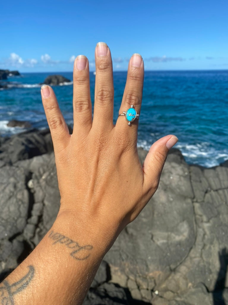 Morenci Turquoise Indigo Stacker with silver accents, single band size 8.25