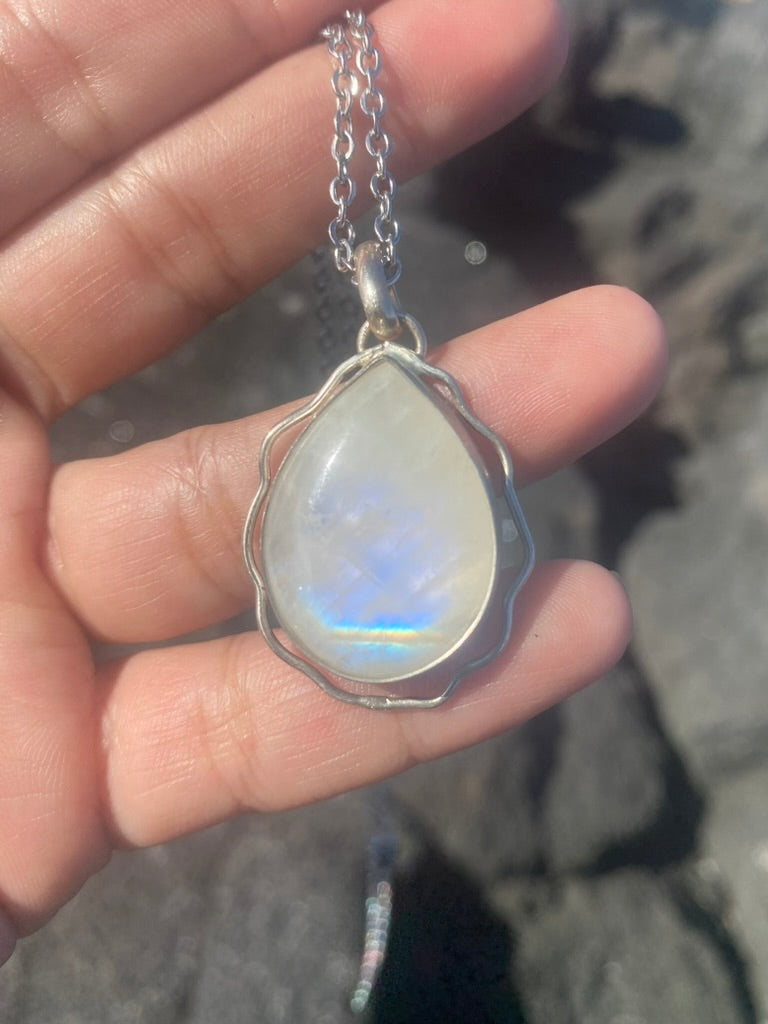 Wavy Teardrop Rainbow Moonstone Pendant Necklace - Lovestoned Hawaii