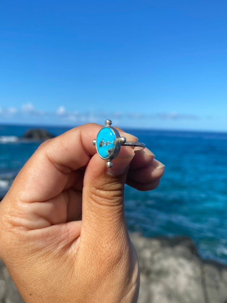 Morenci Turquoise Indigo Stacker with silver accents, single band size 8.25