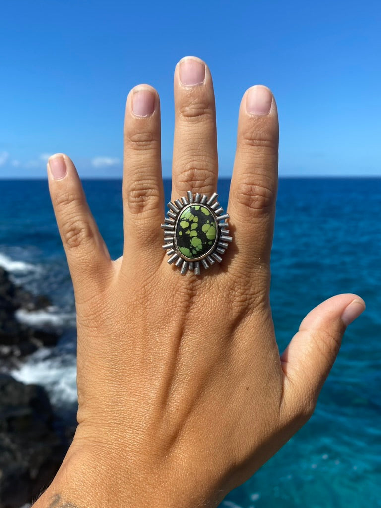 Green Bao Canyon Turquoise Sunburst Ring Size 8.75 Sterling Silver Statement Ring