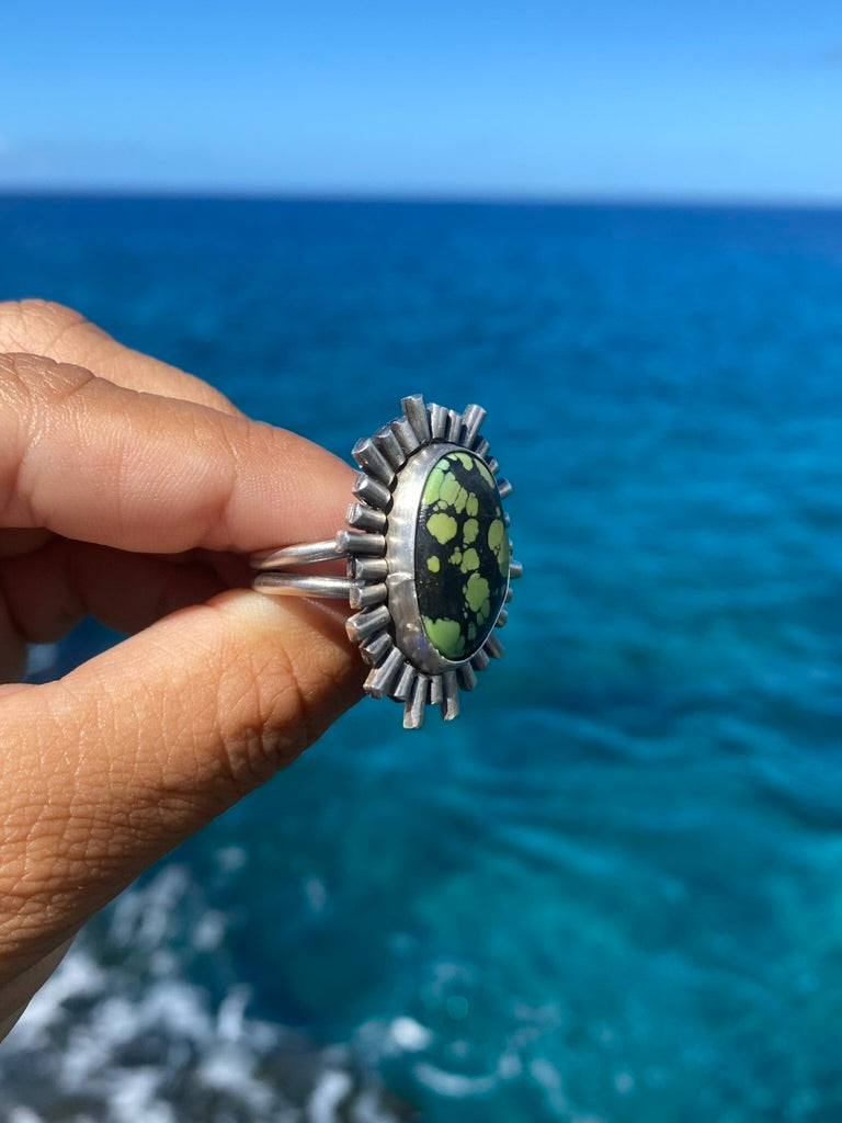 Green Bao Canyon Turquoise Sunburst Ring Size 8.75 Sterling Silver Statement Ring