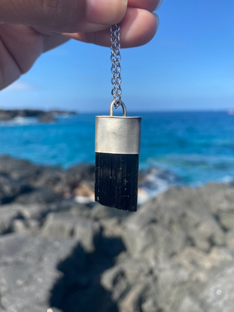Raw Black Tourmaline Crystal Necklace Grounding Pendant Pendulum