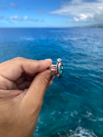 Hubei Turquoise Sterling Silver Ring Size 5.75 - Black and Blue Oval Turquoise Ring with silver accents