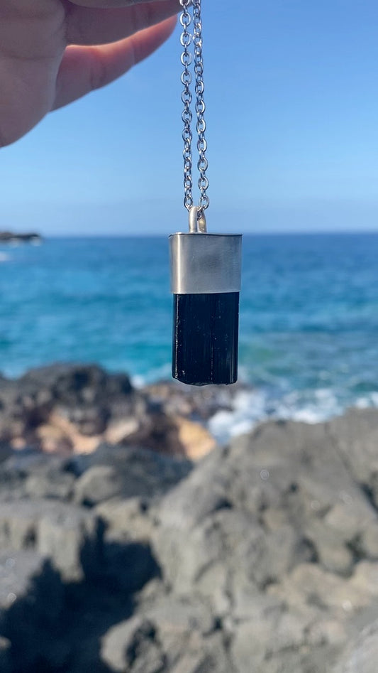 Raw Black Tourmaline Crystal Necklace Grounding Pendant Pendulum