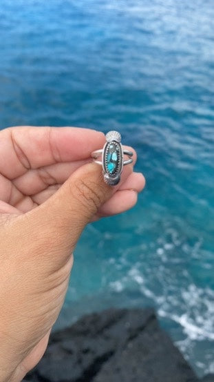 Hubei Turquoise Sterling Silver Ring Size 5.75 - Black and Blue Oval Turquoise Ring with silver accents