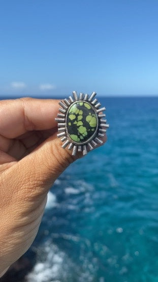 Green Bao Canyon Turquoise Sunburst Ring Size 8.75 Sterling Silver Statement Ring