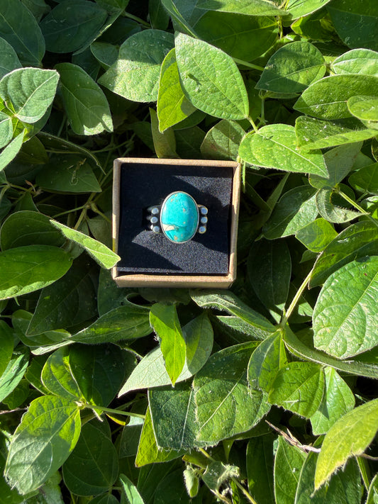 Hubei Turquoise Sterling Silver Ring Size 9 - 3 banded ring with accents