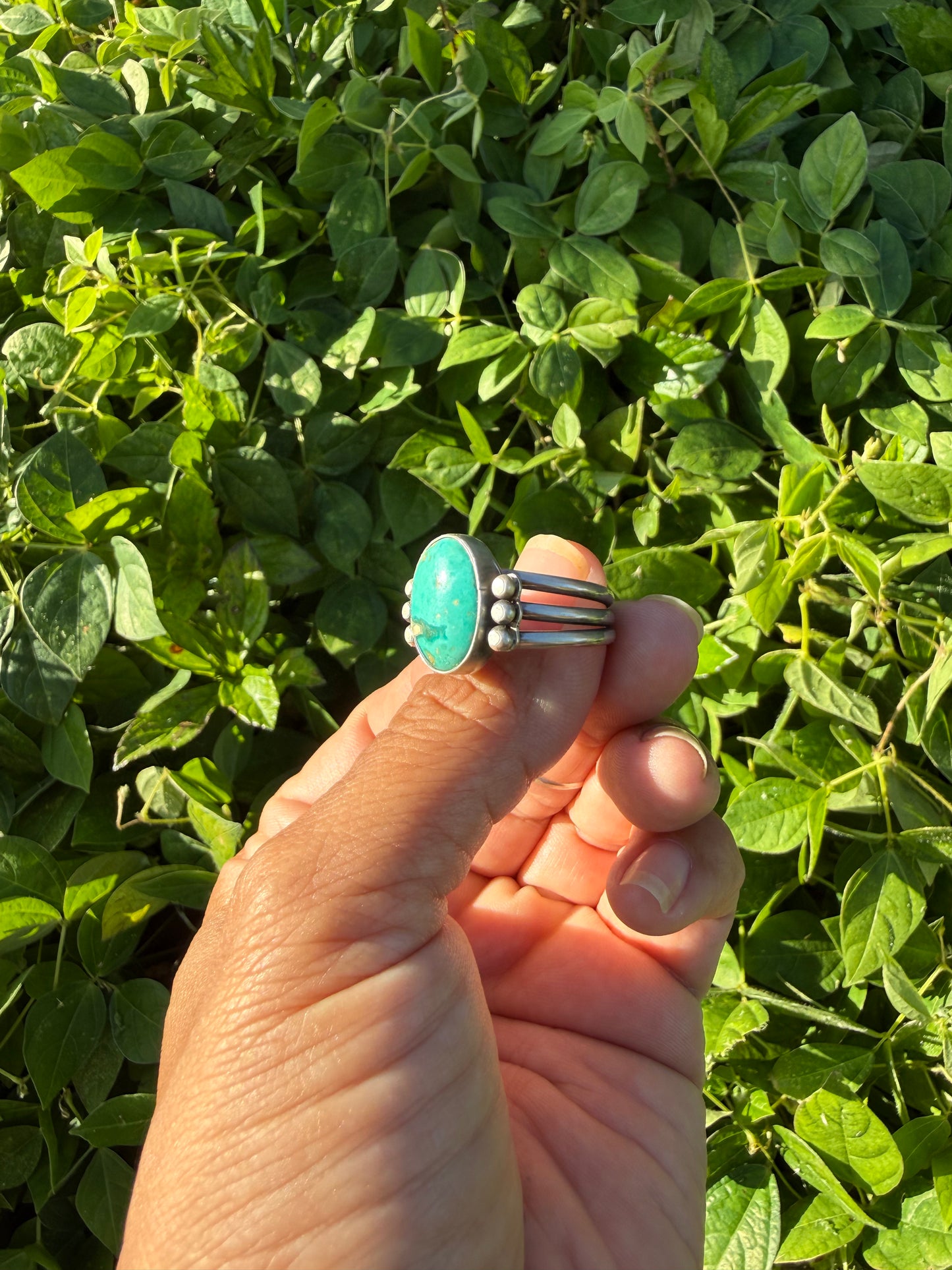 Hubei Turquoise Sterling Silver Ring Size 9 - 3 banded ring with accents