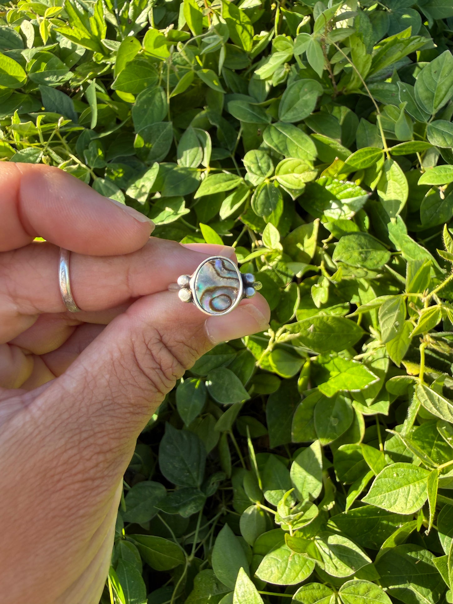 Abalone Mother of Pearl Sterling Silver Ring with Accents - Size 8
