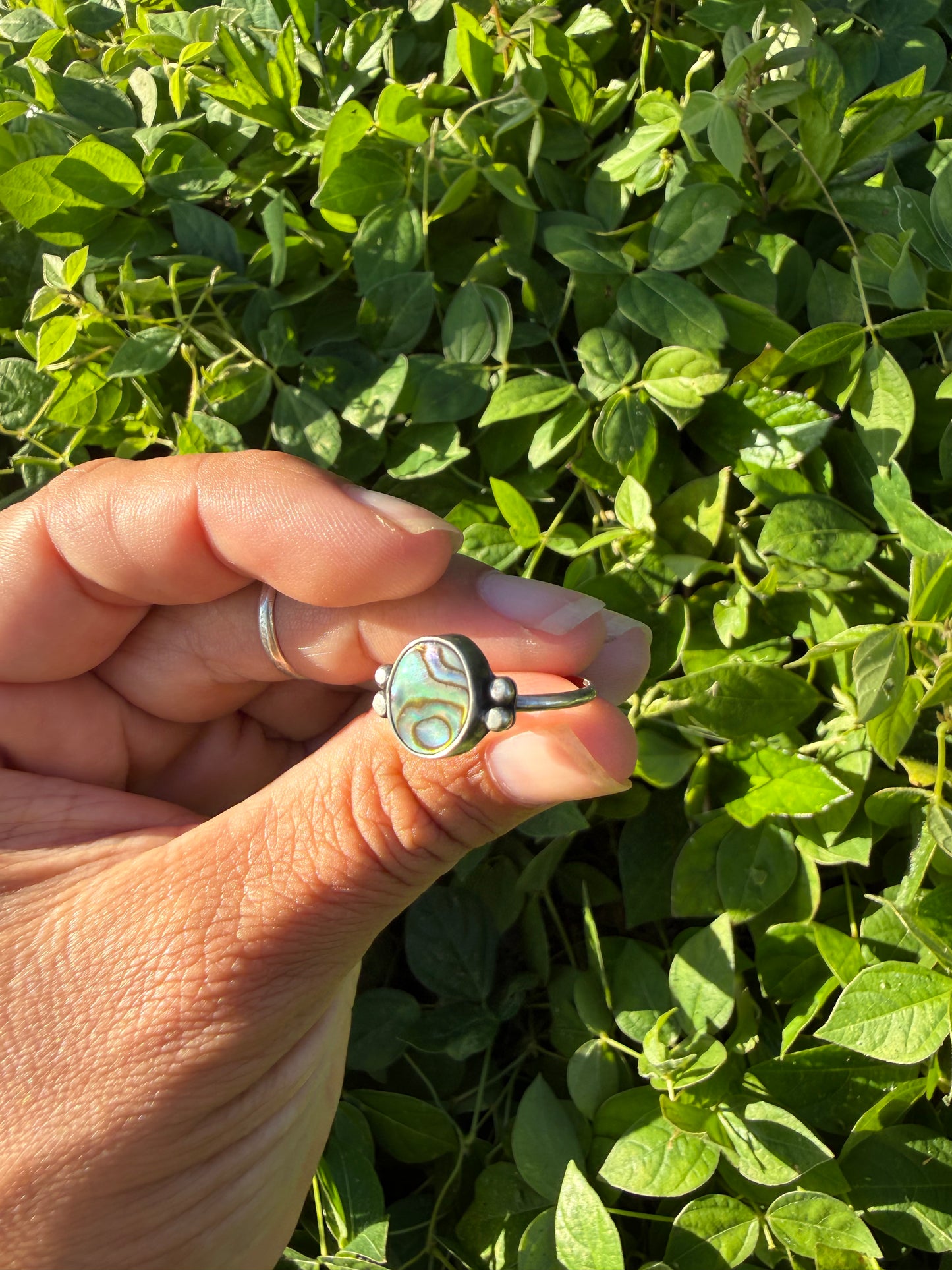 Abalone Mother of Pearl Sterling Silver Ring with Accents - Size 8