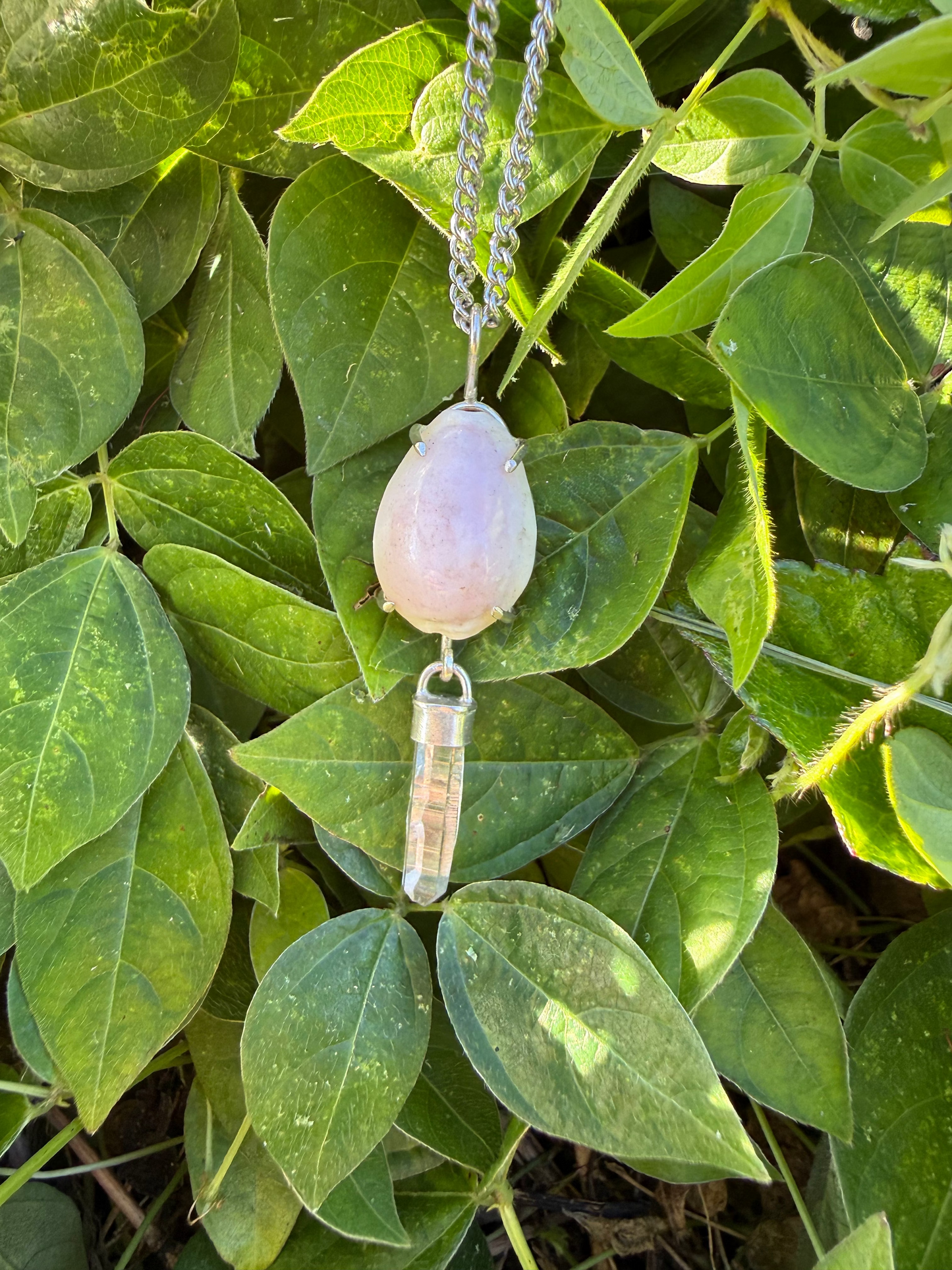 Light Purple & White Hawaiian Leho Cowrie Shell with Clear Hansen Creek Quartz Crystal Necklace