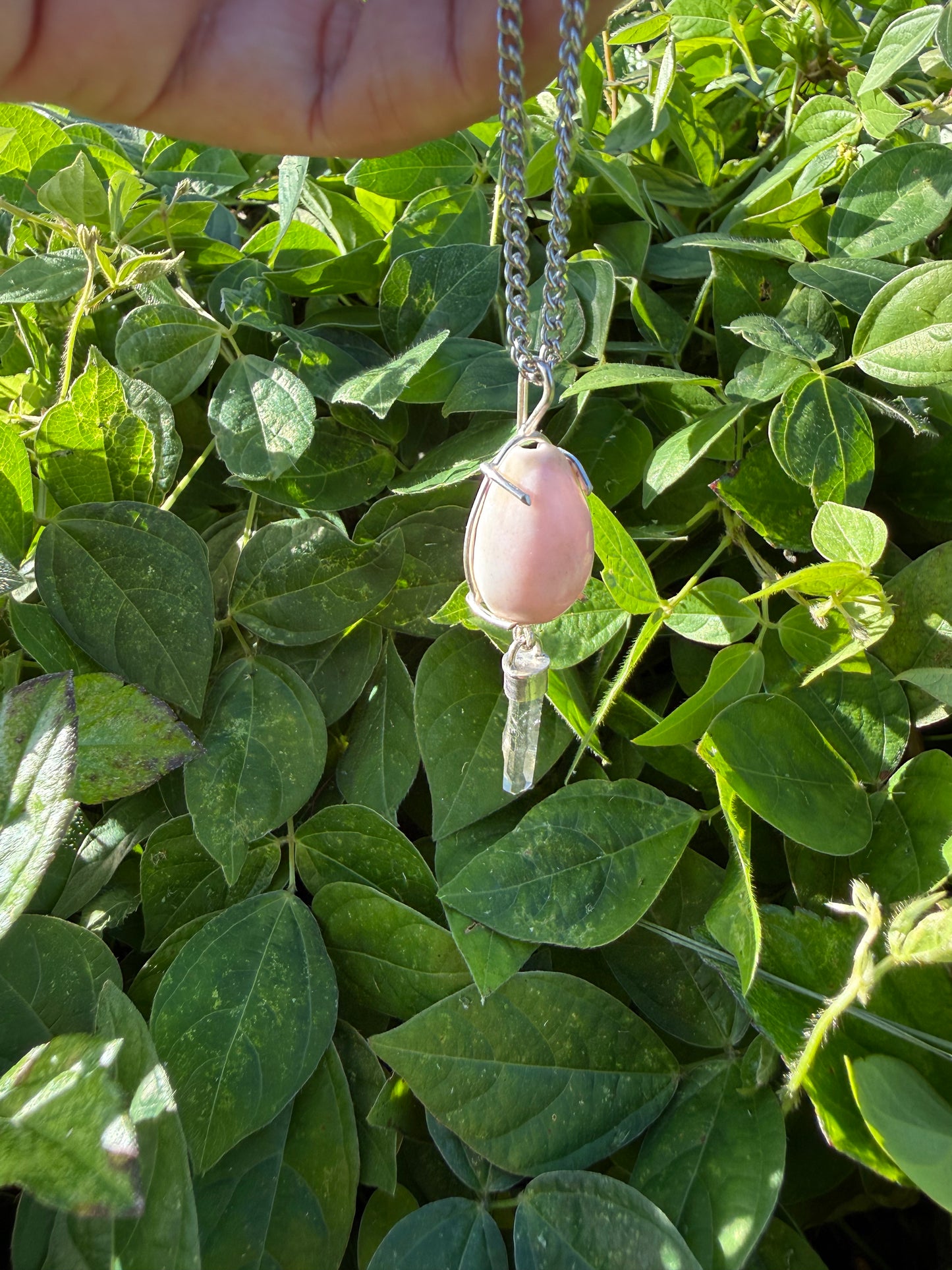 Light Purple & White Hawaiian Leho Cowrie Shell with Clear Hansen Creek Quartz Crystal Necklace