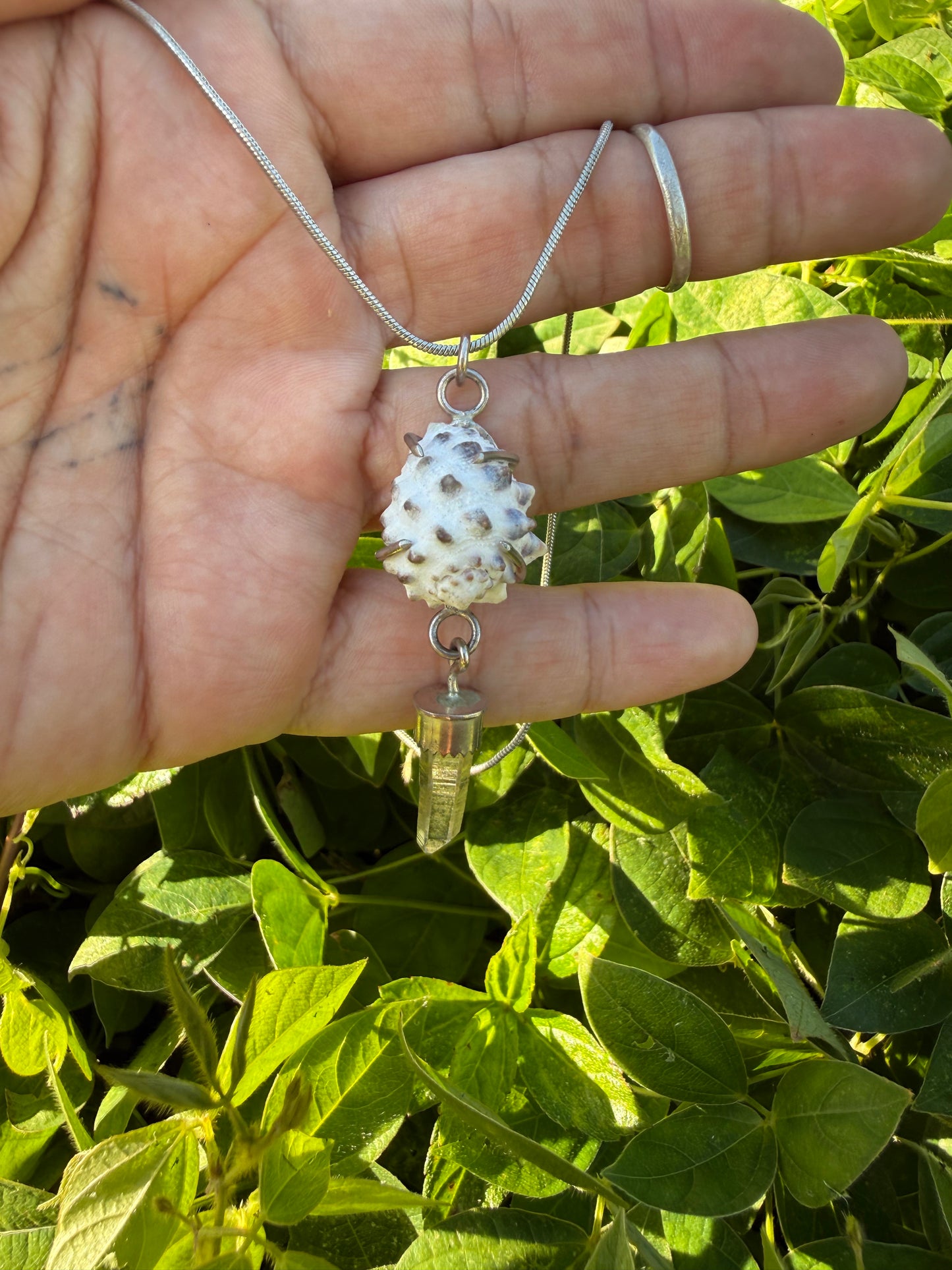 White Hawaiian Drupe Shell with Clear Hansen Creek Quartz Crystal Necklace