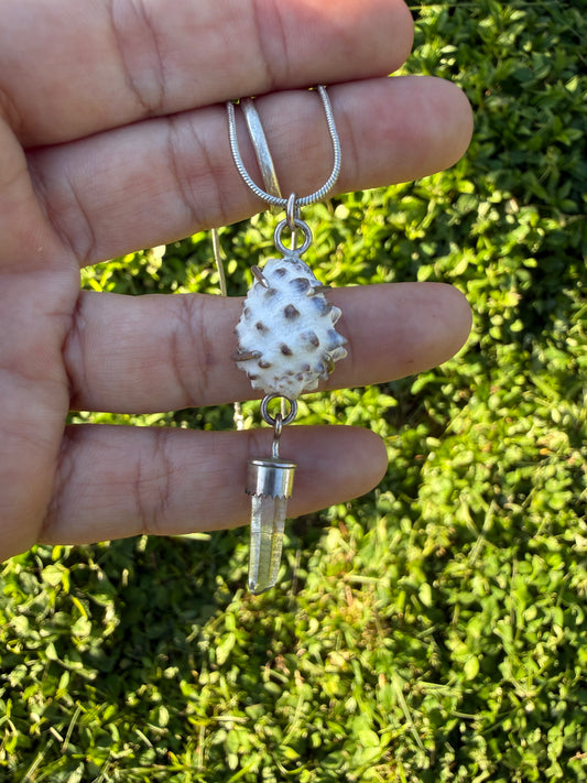 White Hawaiian Drupe Shell with Clear Hansen Creek Quartz Crystal Necklace