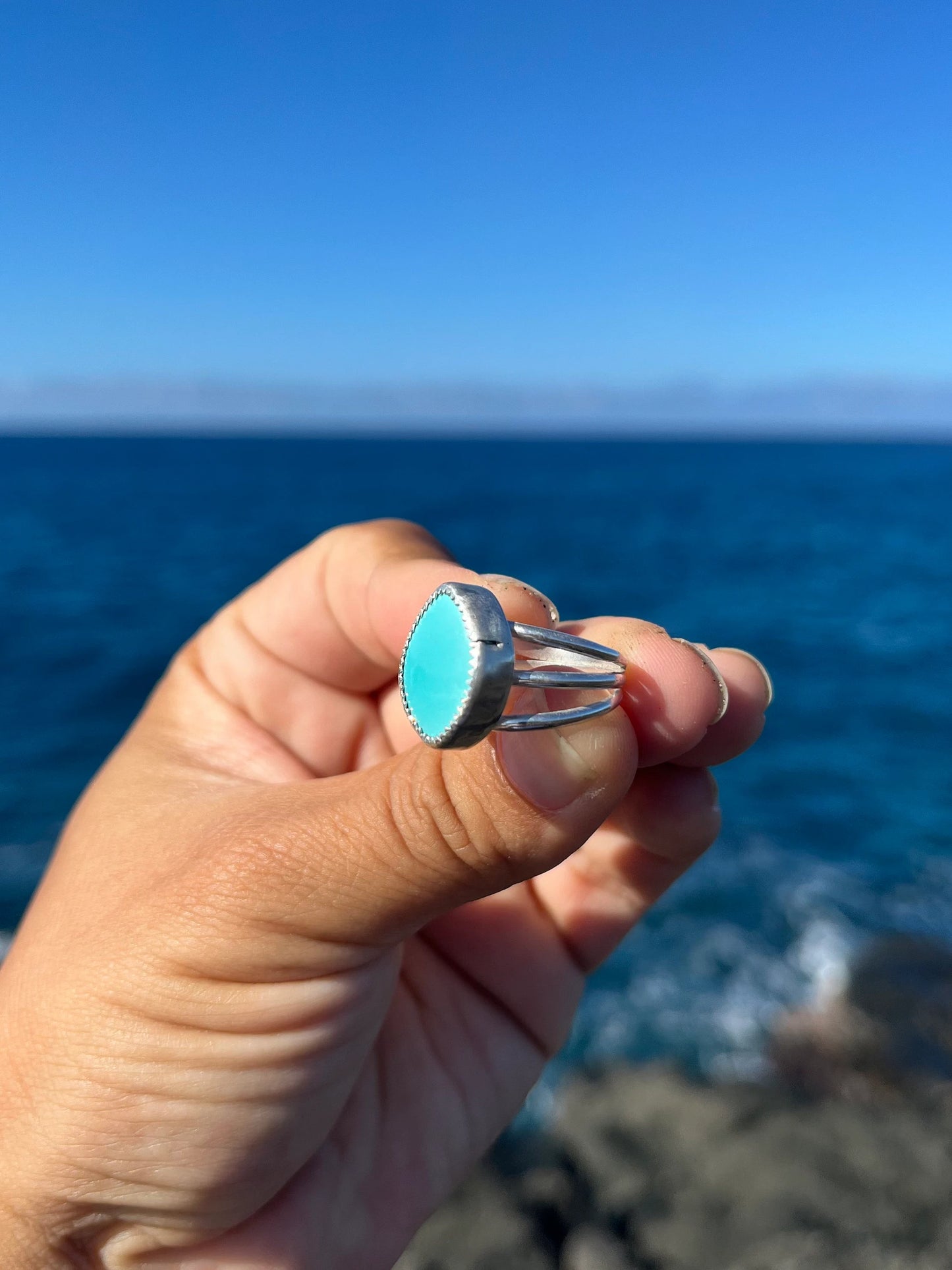 Hubei Turquoise Sterling Silver Ring Size 6 - Baby Blue Turquoise Ring with triple band