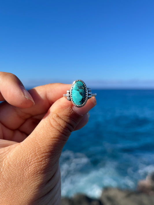 Hubei Turquoise Sterling Silver Ring Size 8 - Bright Blue and Black Oval Shaped ring with accents on a single band