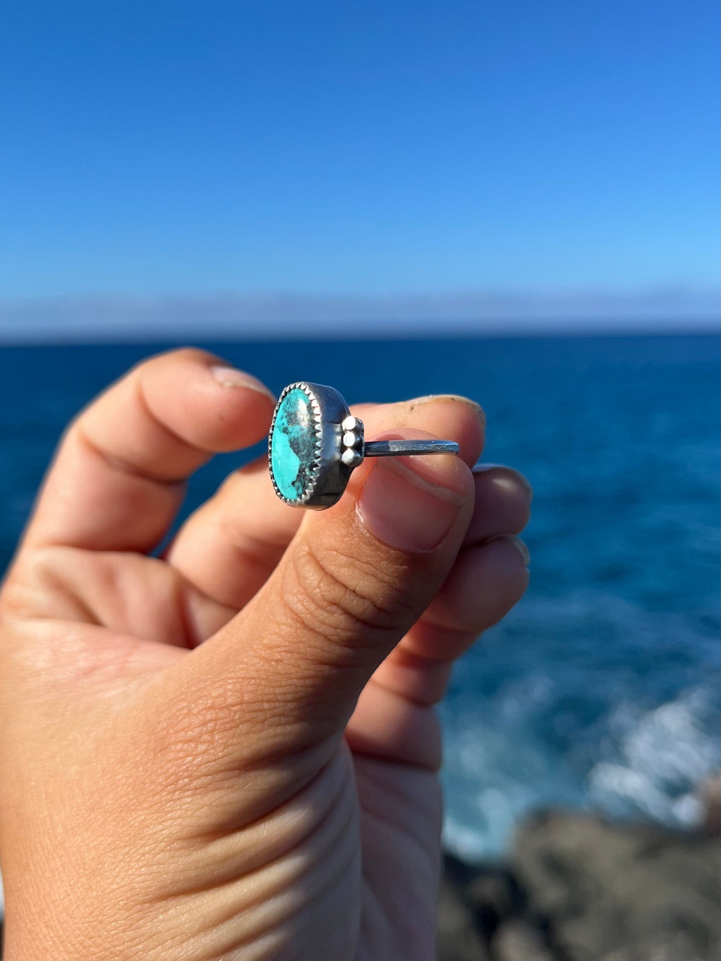 Hubei Turquoise Sterling Silver Ring Size 8 - Bright Blue and Black Oval Shaped ring with accents on a single band
