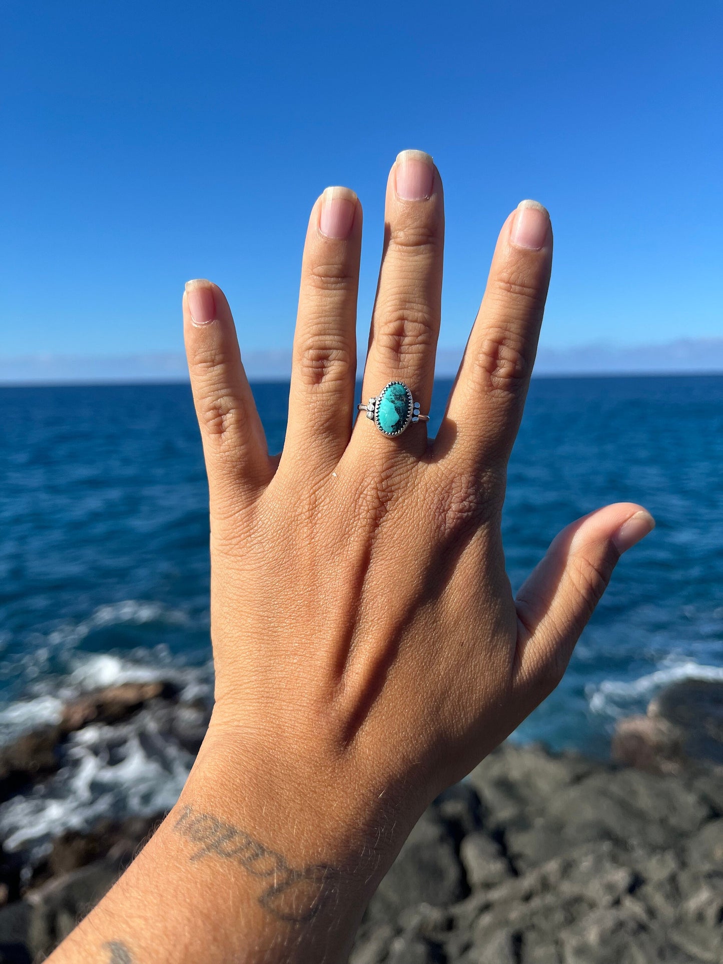 Hubei Turquoise Sterling Silver Ring Size 8 - Bright Blue and Black Oval Shaped ring with accents on a single band
