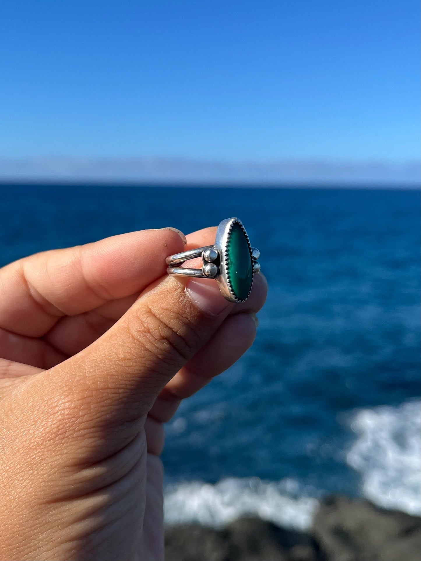 Hubei Turquoise Sterling Silver Ring Size 7 - Green Turquoise Marquise Shaped Ring with silver accents and double band