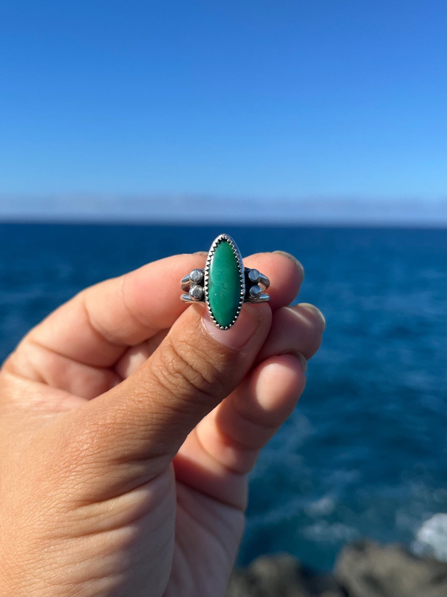 Hubei Turquoise Sterling Silver Ring Size 7 - Green Turquoise Marquise Shaped Ring with silver accents and double band