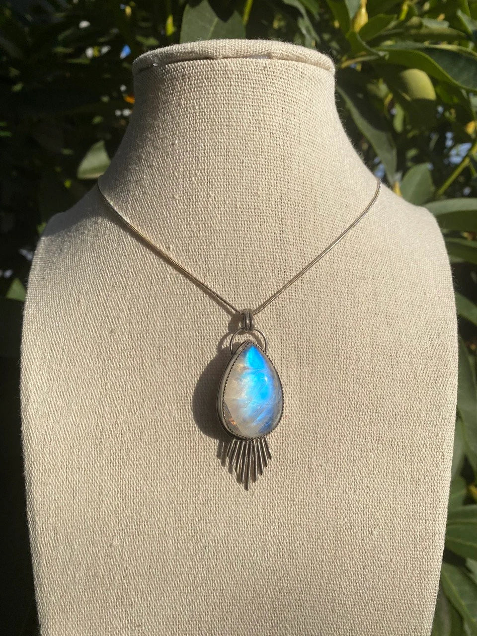Large Fringe Moonstone Pendant - Teardrop Rainbow Moonstone Necklace