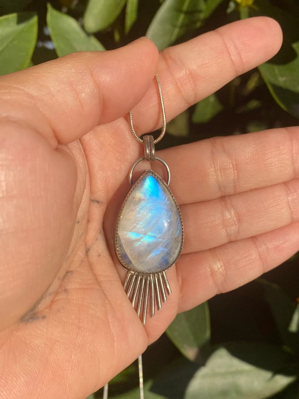 Large Fringe Moonstone Pendant - Teardrop Rainbow Moonstone Necklace